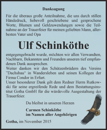 Traueranzeige von Ulf Schinköthe von Ostthüringer Zeitung, Thüringische Landeszeitung