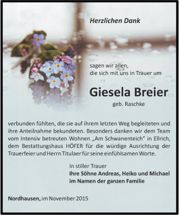 Traueranzeige von Giesela Breier von Thüringer Allgemeine