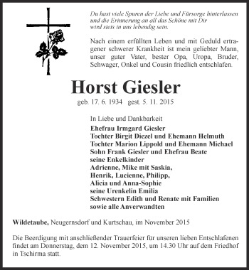 Traueranzeige von Horst Giesler von Ostthüringer Zeitung