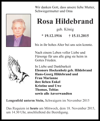 Traueranzeige von Rosa Hildebrand von Thüringer Allgemeine, Thüringische Landeszeitung