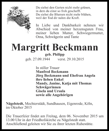 Traueranzeige von Margritt Beckmann von Thüringer Allgemeine, Thüringische Landeszeitung