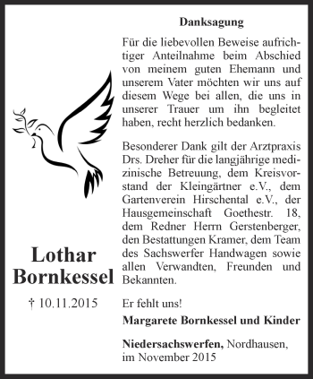 Traueranzeige von Lothar Bornkessel von Thüringer Allgemeine