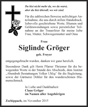 Traueranzeige von Sieglinde Gröger von Ostthüringer Zeitung