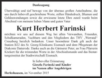 Traueranzeige von Kurt Herbert Farinski von Thüringer Allgemeine, Thüringische Landeszeitung