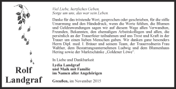 Traueranzeige von Rolf Landgraf von Thüringer Allgemeine