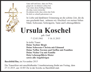 Traueranzeige von Ursula Koschel von Thüringer Allgemeine, Thüringische Landeszeitung