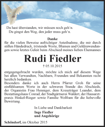 Traueranzeige von Rudi Fiedler von Ostthüringer Zeitung