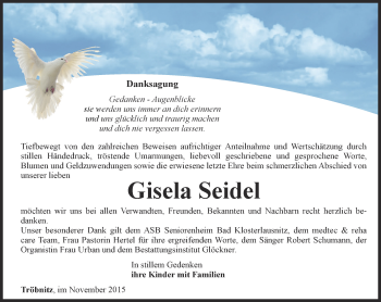 Traueranzeige von Gisela Seidel von Ostthüringer Zeitung