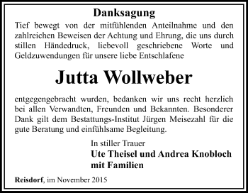 Traueranzeige von Jutta Wollweber von Thüringer Allgemeine, Thüringische Landeszeitung