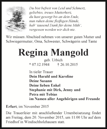 Traueranzeige von Regina Mangold von Thüringer Allgemeine, Thüringische Landeszeitung