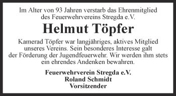 Traueranzeige von Helmut Töpfer von Thüringer Allgemeine, Thüringische Landeszeitung