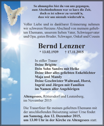 Traueranzeige von Bernd Lenzner von Ostthüringer Zeitung