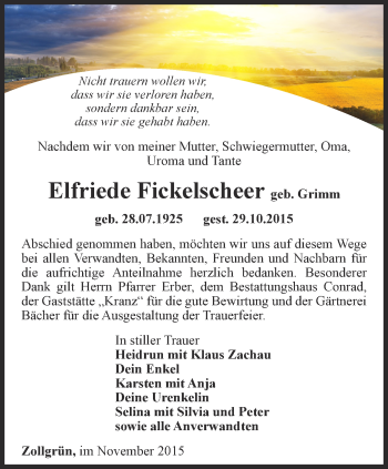 Traueranzeige von Elfriede Fickelscheer von Ostthüringer Zeitung