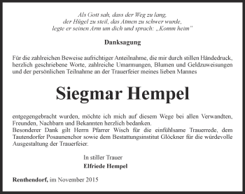 Traueranzeige von Siegmar Hempel von Ostthüringer Zeitung