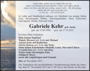 Traueranzeige von Gabriele Kehr von Thüringer Allgemeine, Thüringische Landeszeitung