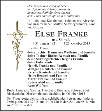 Traueranzeige von Else Franke von Ostthüringer Zeitung