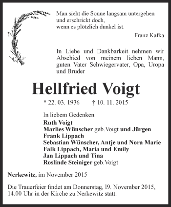Traueranzeige von Hellfried Voigt von Thüringer Allgemeine, Thüringische Landeszeitung
