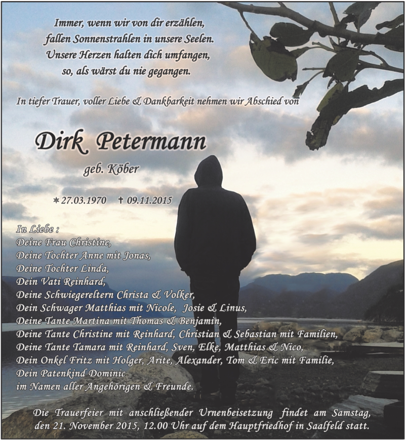  Traueranzeige für Dirk Petermann vom 14.11.2015 aus Ostthüringer Zeitung
