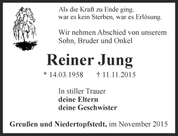 Traueranzeige von Reiner Jung von Thüringer Allgemeine
