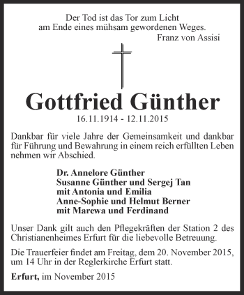 Traueranzeige von Gottfried Günther von Thüringer Allgemeine, Thüringische Landeszeitung