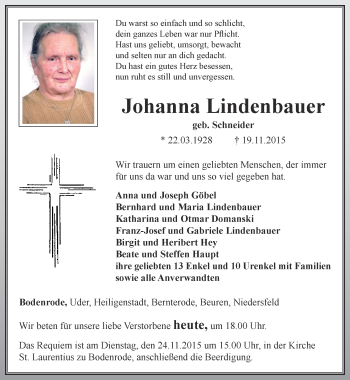 Traueranzeige von Johanna Lindenbauer von Thüringer Allgemeine