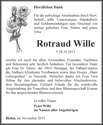 Traueranzeige von Rotraud Wille von Thüringer Allgemeine