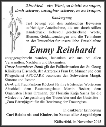 Traueranzeige von Emmy Reinhardt von Thüringer Allgemeine, Thüringische Landeszeitung