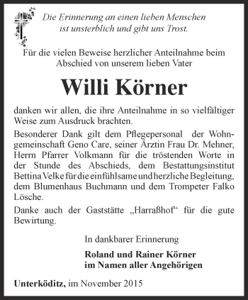 Traueranzeige von Willi Körner von Ostthüringer Zeitung