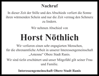 Traueranzeige von Horst Nöthlich von Ostthüringer Zeitung