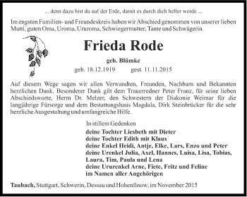 Traueranzeige von Frieda Rode von Thüringer Allgemeine, Thüringische Landeszeitung