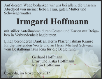 Traueranzeige von Irmgard Hoffmann von Ostthüringer Zeitung, Thüringische Landeszeitung