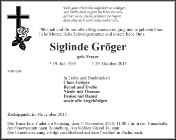 Traueranzeige von Siglinde Gröger von Ostthüringer Zeitung