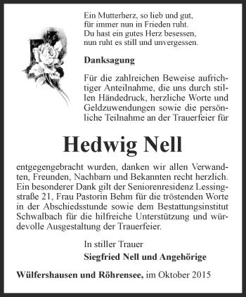 Traueranzeige von Hedwig Nell von Thüringer Allgemeine