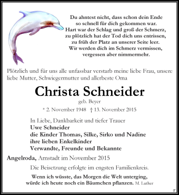 Traueranzeige von Christa Schneider von Thüringer Allgemeine