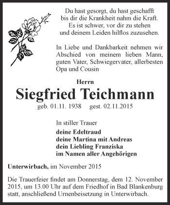 Traueranzeige von Siegfried Teichmann von Ostthüringer Zeitung