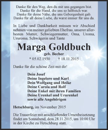 Traueranzeige von Marga Goldbuch von Thüringer Allgemeine, Thüringische Landeszeitung