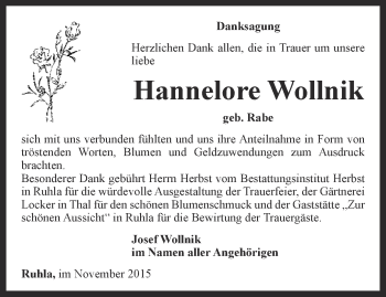 Traueranzeige von Hannelore Wollnik von Thüringer Allgemeine, Thüringische Landeszeitung