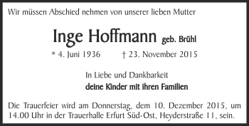 Traueranzeige von Inge Hoffmann von Thüringer Allgemeine, Thüringische Landeszeitung