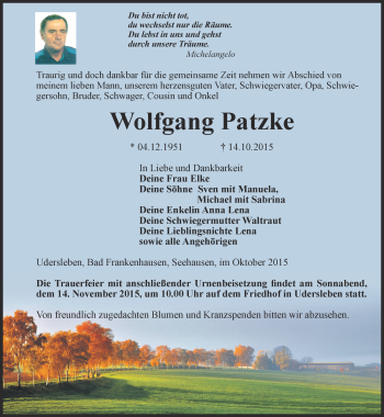 Traueranzeige von Wolfgang Patzke von Thüringer Allgemeine