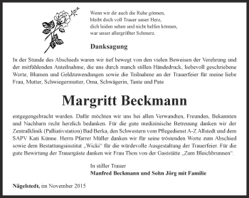 Traueranzeige von Margritt Beckmann von Thüringer Allgemeine, Thüringische Landeszeitung