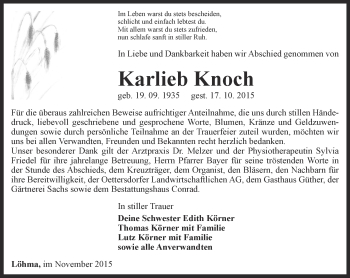 Traueranzeige von Karlieb Knoch von Ostthüringer Zeitung