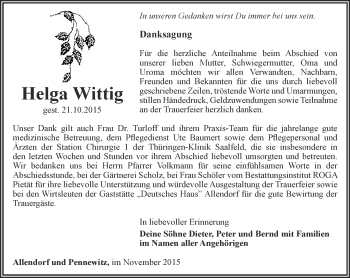 Traueranzeige von Helga Wittig von Ostthüringer Zeitung