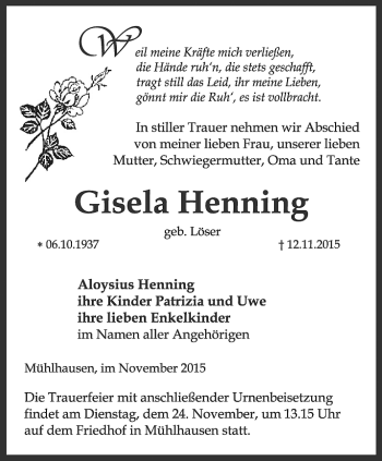 Traueranzeige von Gisela Henning von Thüringer Allgemeine, Thüringische Landeszeitung