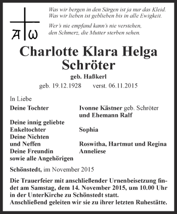 Traueranzeige von Charlotte Klara Helga Schröter von Thüringer Allgemeine, Thüringische Landeszeitung