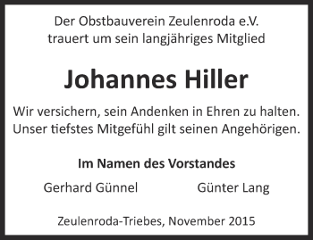 Traueranzeige von Johannes Hiller von Ostthüringer Zeitung