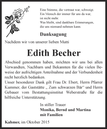 Traueranzeige von Edith Becher von Ostthüringer Zeitung