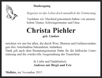 Traueranzeige von Christa Piehler von Ostthüringer Zeitung