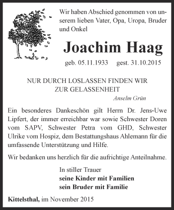 Traueranzeige von Joachim Haag von Thüringer Allgemeine, Thüringische Landeszeitung