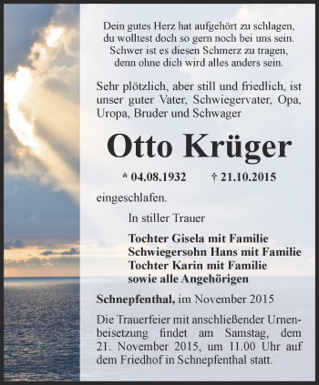 Traueranzeige von Otto Krüger von Ostthüringer Zeitung, Thüringische Landeszeitung