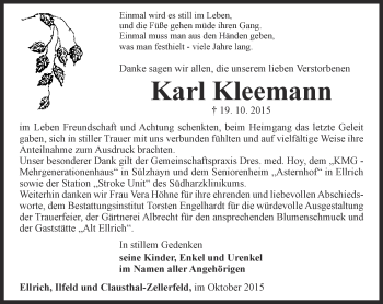 Traueranzeige von Karl Kleemann von Thüringer Allgemeine